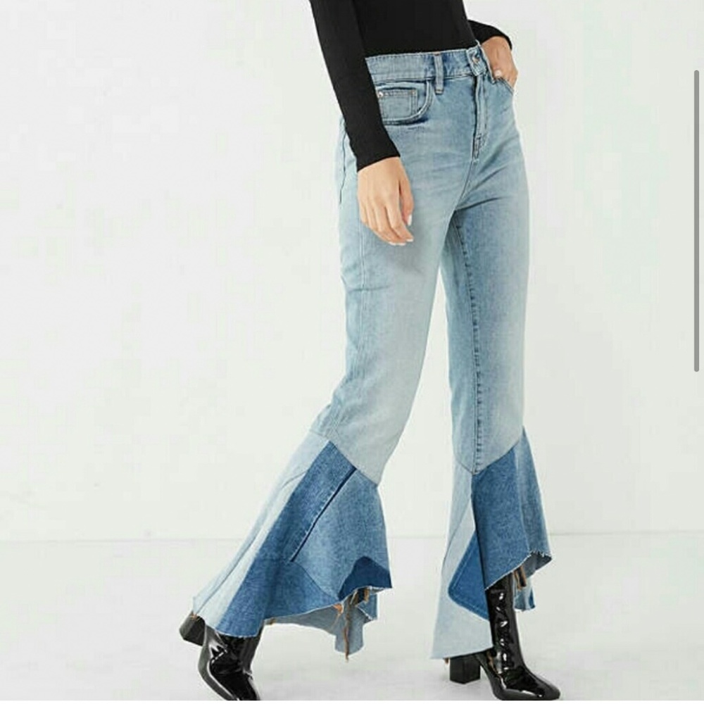 BDG | UO High Waisted Two Tone Asymmetrical Flared Bell Bottom Jeans